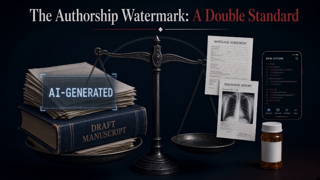 The Authorship Watermark: A Double Standard — a scale weighing an AI-generated draft against medical, legal, and financial documents