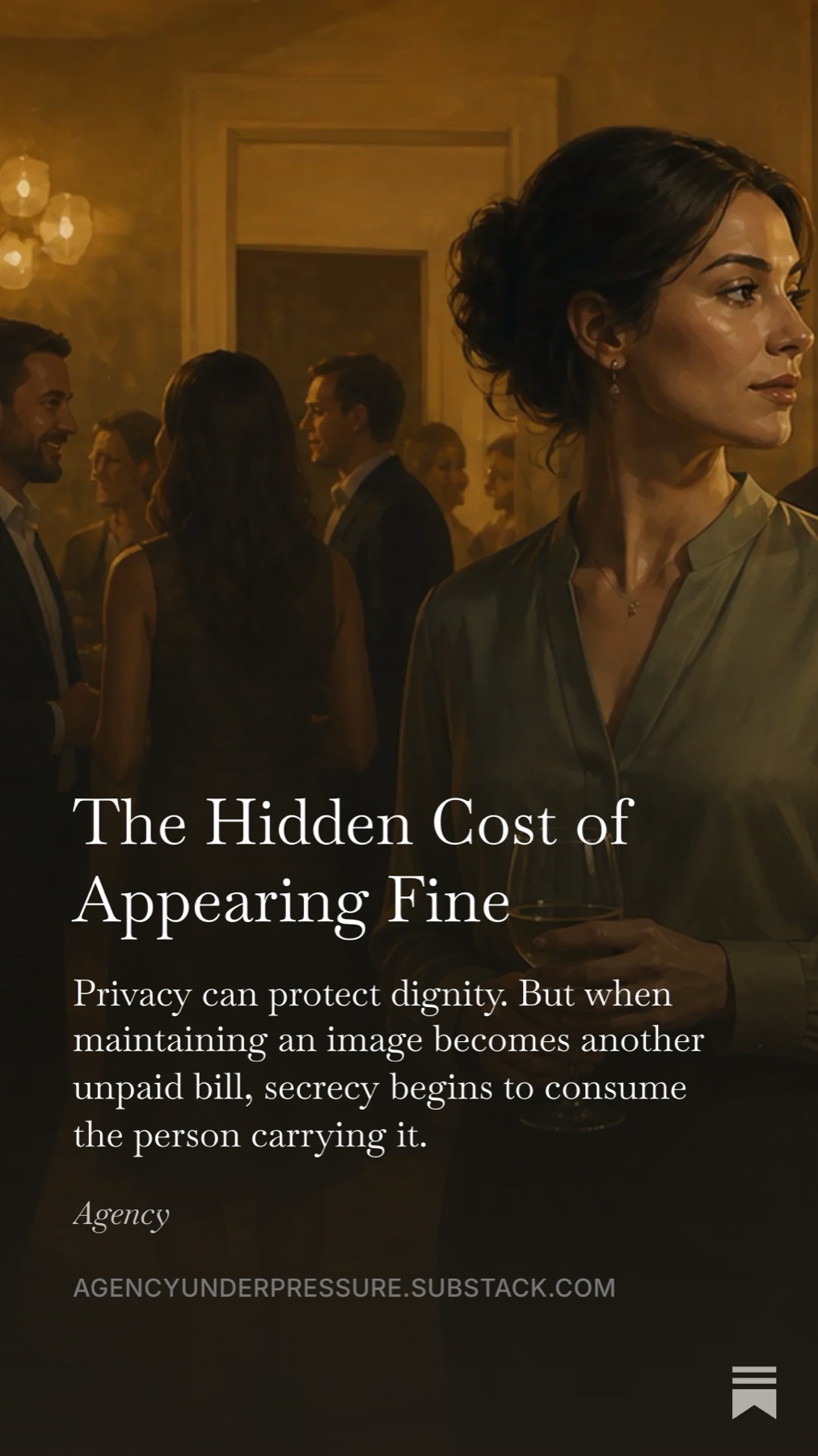 The Hidden Cost of Appearing Fine — a woman holding a glass of wine at a gathering, looking away from the room